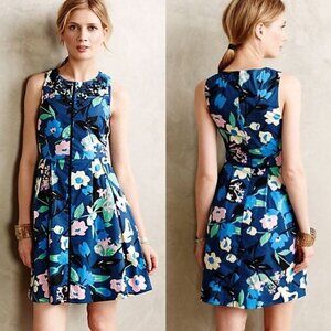 ANTHROPOLOGIE Tropics Dress Sleeveless Blue Floral Fit & Flare Cotton NEW